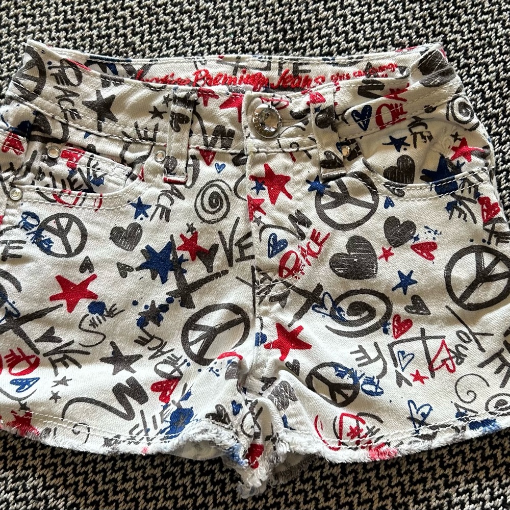 Graphic Print Peace Love Denim Shorts